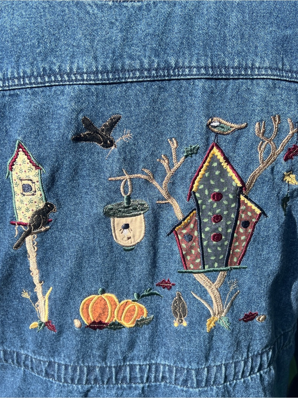 Vintage Denim Embroidered autumn Jacket with Corduroy Collar - Blue - Picture 5 of 8